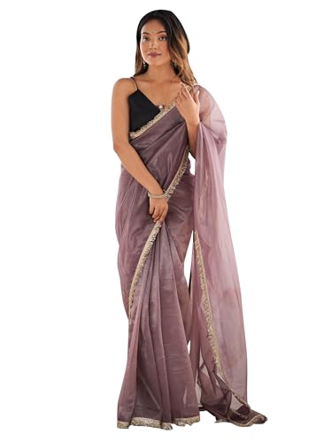 Image of AKHILAM Women's Shimmer Net Solid Saree With Unstitched Blouse Piece