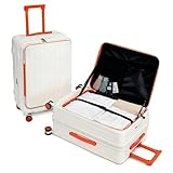 [RTmoni] 【新登場・バイカラー】 スーツケース Lサイズ 100L フロントオープン キャリーバッグ 軽量 多機能 カップホルダー付き USBポート 隠しフック 拡張機能 TSAロック 静音 360度回転キャスター 耐衝撃 海外旅行 長期出張 (ホワイト×オレンジ/Lサイズ/100L/7-14泊/受託手荷物可)