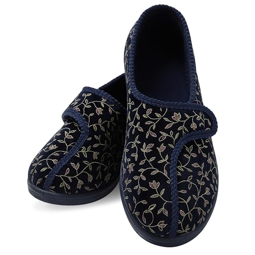 Performance Health Ladies Patterned Slippers – Adjustable Hook & Loop Closure, Soft Textile Lining, Non-Slip Rubber Sole – Comfortable, Machine Washable Support for Swollen Feet