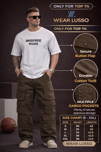 Image of Wear lusso 10 Pocket Cargo Pants for Men | Cotton Twill Fabric | Regular Fit Utility Cargo Trousers | Casual Streetwear Bottomwear