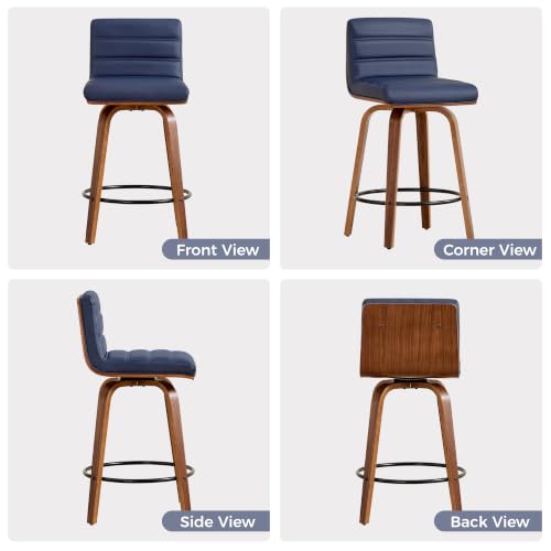 Image of Swivel Bar Stools Set of 1,26 inch Faux Leather Counter Height Barstools with Back,Mid Century Modern Upholstered Bar Chairs with Bentwood Legs Island Stools for Kitchen Counter Darkblue