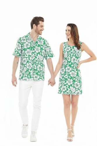 Image of Matchable Couple Hawaiian Luau Men Shirt or Women Tank Dress in Classic Vintage Hibiscus