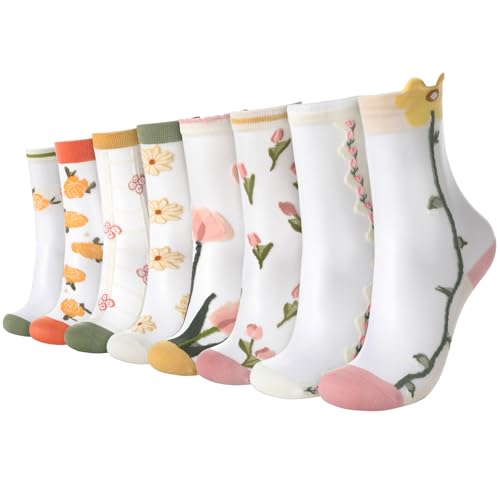 Image of Suhine 8 Pairs Floral Sheer Sock Women Embroidered Jacquard Crystal Glass Socks Thin Mesh Lace for Summer