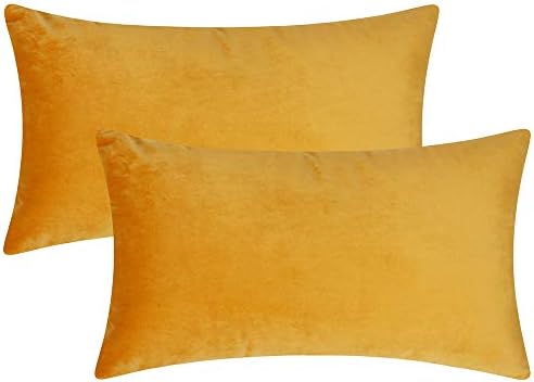 Artcest Set of 2 Cozy Velvet Decorative Rectangular Throw Pillow Cases, Soft Solid Lumbar Cushion Covers for Sofa Couch and Bed, 12"x20" (Mustard Yellow)