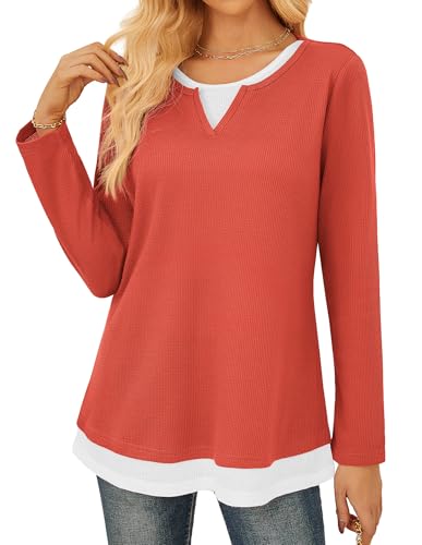 GRACE KARIN Women 2025 Fall Long Sleeve Shirts,Casual Crew Neck Colorblock Tunics,Waffle Knit Fashion Basic Tops Orange L