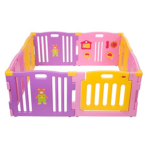 Mcc® Box Bambini Recinto Bimbo in plastica con 8 pannelli, Barriera Protettiva con Cancelletto (Colore Rosa)