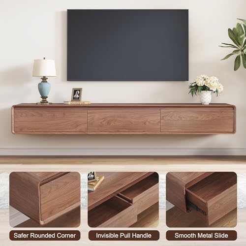 Floating TV Stand - Wall Mounted Mid Century Entertainment Center with 3 Storage Drawers, Modern Media Console Fits 65-100 Inches TV for Living Room (Walnut, 94.49") - Image 6