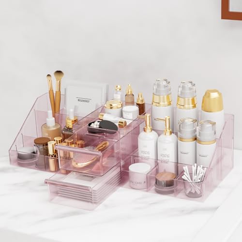 Astrify Makeup Organiser,2 In 1 Large Capacity Cosmetic Organiser With 2 Drawers And 16 Compartment, Suitable For Bathroom Bedroom Dressing Table-Pink