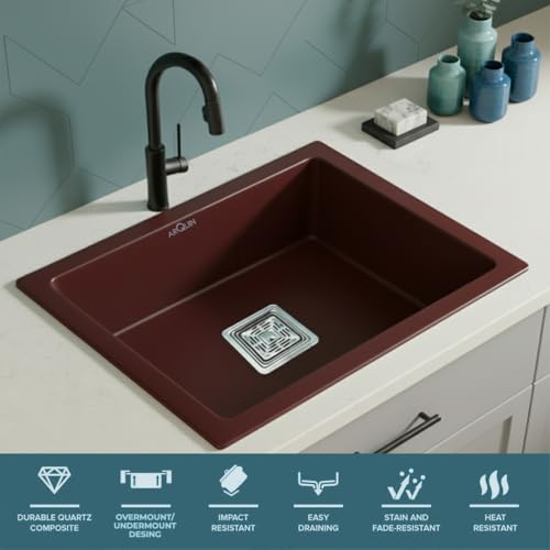 Image of ARQUIN Quartz Sink for kitchen 21x18x9 Inch Brown | Single Bowl Sink | Durable & Scratch-Resistant | Undermount /Topmount Including Coupling, Waste Pipe & Fruit Washing Basket