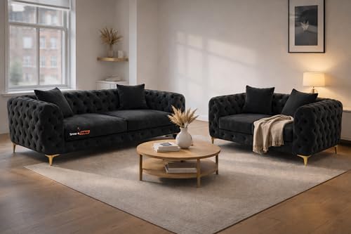 Snooze Velvet Monaco 3 and 2 Seater Sofa Sets, Corner Sofas For Living Room, Upholstered Plush Fabric 3 Seater Sofas (Black Velvet, 3+2 Seater)