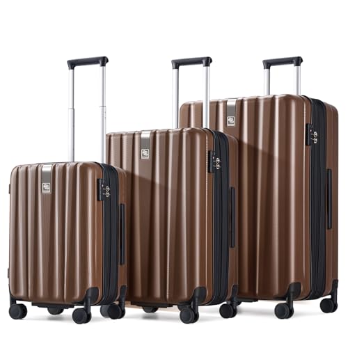 Image of Hanke Expandable Hardshell Luggage Sets 3 piece Carry On Luggage with Wheels Suitcases Lightweight Checked Tsa Luggage Rolling Large Suitcase Travel Luggage Bag Woman Men 20 /24 /29 Inch(Brown)