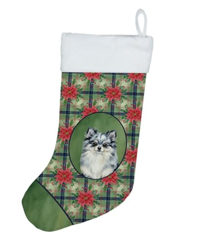 Caroline's Treasures Blue Merle Pomeranian Christmas Poinsettas Holiday Stocking Double-Sided Print, Polyester Suede,11x18, Made in USA