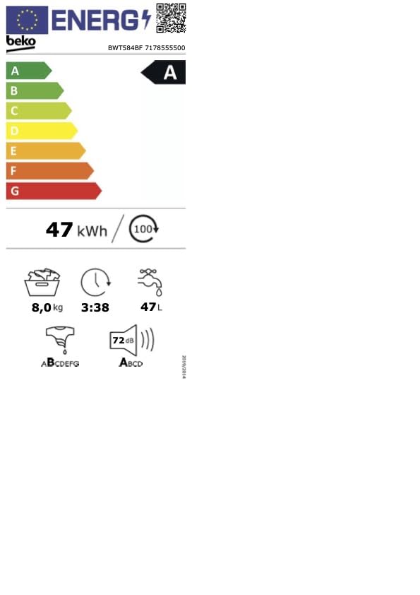 Lavatrice Beko BWT584BF - 8kg, Filtro Microplastiche, Classe A, 1400 Giri, Vapore, PET Riciclata