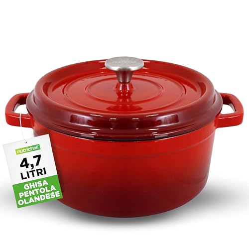 NutriChef Casseruola in Ghisa da 5 Litri, Forno Olandese Antiaderente in Rivestimento Smaltato con Coperchio, Rotonda Cocotte per Cuocere con Ricette, Adatta a Piani di Cottura e Forni a Induzione