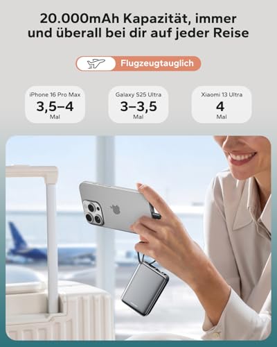 Powerbank 20000 mAh mit 45W Schnellladefunktion und USB-C Kabel