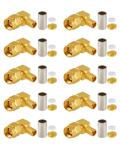 Image of Vecys 10 PCS SMA Connectors SMA Male Right Angle Crimp Connector for RG58 RG142 RG400 VLMR195 RF Coax Cable