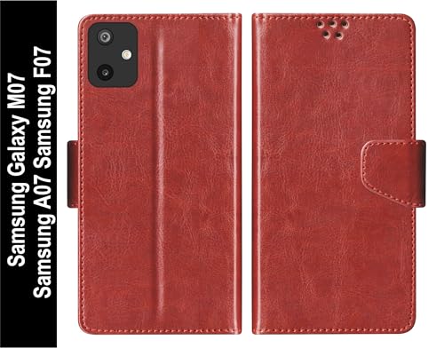 Image of SBMS Flip Cover for Samsung Galaxy M07 / Samsung A07 / Samsung F07 Back Cover Case with Magnatic Closure | Inbuilt Stand | Card & Money Pocket for Samsung A07 (Brown)