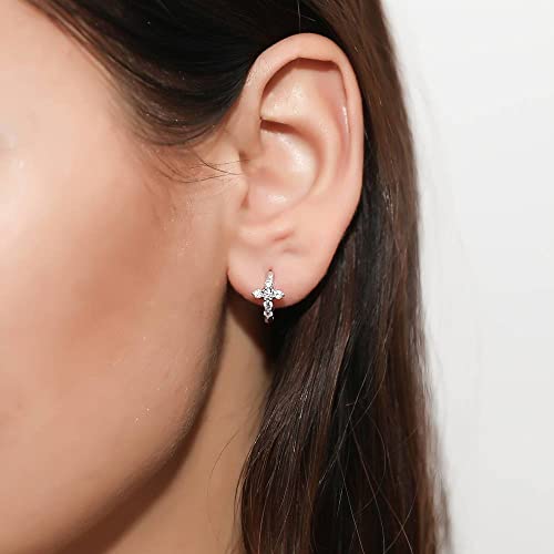 Berricle Sterling Silver Cross Cubic Zirconia Cz Small Fashion Hoop Huggie Earrings For Women, Rhodium Plated 0.5" #TOP2