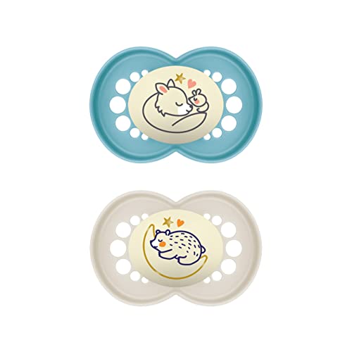 MAM Original Night - Juego de 2 tetinas, luminosas, respetuosas con los dientes, de materiales duraderos y biorrenovables, con caja de chupete para bebés de 6 a 16 meses, diseño de zorro, oso