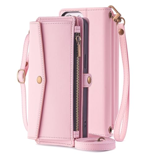 Étui portefeuille antichoc rose doté d'une poche zippée et fentes de cartes