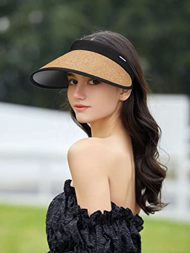 Womens Sun-Visor-Cap Wide-Brim Straw-Sun-Hats Uv-Protection Packable Summer Beach-Sun-Hats Khaki #TOP4