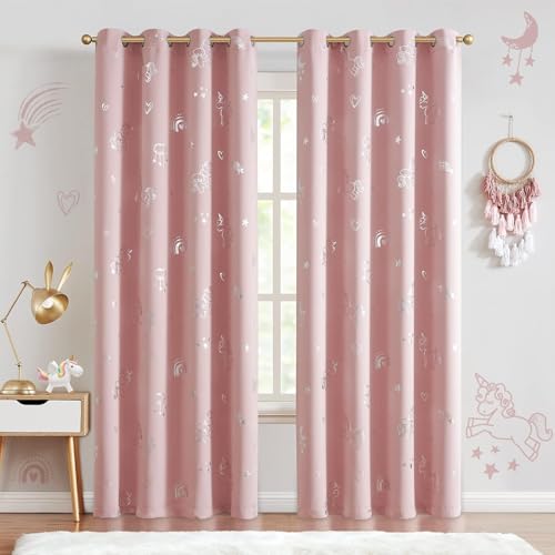 Image of BFAM Kids Blackout Curtains 7 feet Set of 1 - 100% Room Darkening, Thermal Insulated, Noise Reducing, Cute Unicorn Pink Prints, Eyelet Curtains for Playroom, Bedroom & Nursery, Pack of 1 Curtain