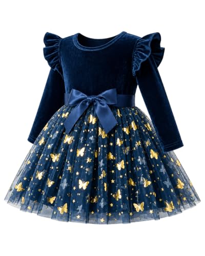Image of JiAmy Baby Girls Velvet Dress Gold Butterfly Long Sleeve for 18-24M, Navy | Toddler Kids A-Line Party Princess Wedding Birthday Christmas Winter Autumn Dresses with Sash