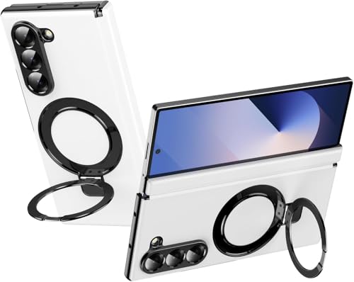 Image of TechTrendz Shockproof Front Glass Premium Luxury Leather Cover Compatible with Samsung Galaxy Z Fold 6 Case with 360 Rotation Adjustable Stand, Phone Case for Z fold 6 Back Cover (White)