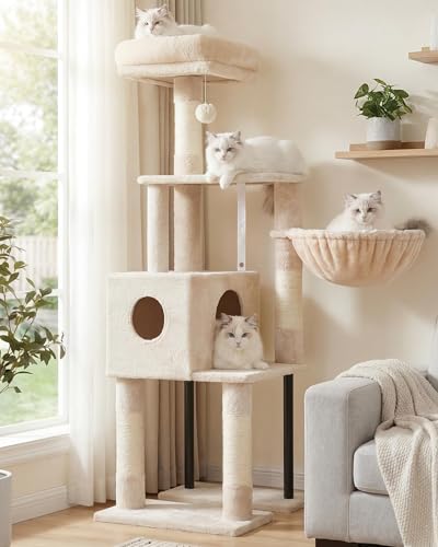 Heybly Cat Tree, 125 cm Cat Tower for Indoor Cats, Cat Scratching Post with Hidden Space, Sturdy Steel Tube, Soft Plush Top Perch and Cozy Hammock, Beige HCT200SM
