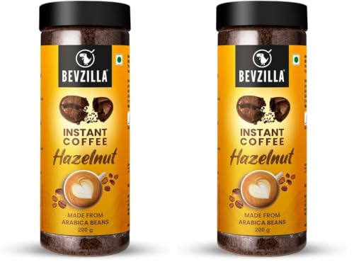 Image of Bevzilla 200 Gram Hazelnut Flavoured Instant Coffee Powder Jar | Arabica Beans | Best for Espresso, Latte & Cappucino | Hot & Cold Brew Ready (Pack of 2)