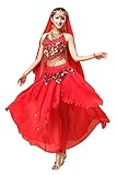 ORIDOOR Women Belly Dance Dress Set Crop Top Padded Bra Top Sparkling Belly Dance Chiffon Skirts with Coins 5-Piece Outfit 02 Red …