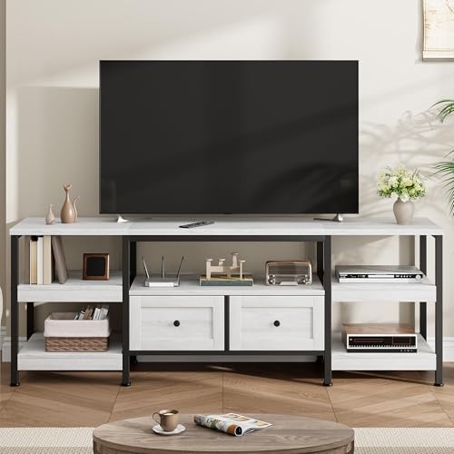 TV-Schrank, Fernsehtisch, Fernsehschrank, Lowboard mit 2 Schubladen, 5 Offenen Fächern, für Wohnzimmer, Unterhaltungsraum, TV-Regal 180 x 40 x 65cm für Fernseher bis zu 75 Zoll, Industrie-Design, Weiß