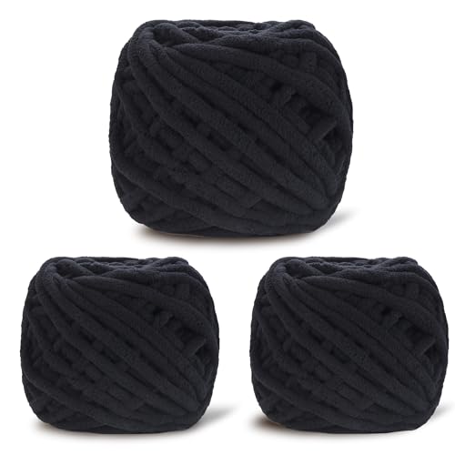 Image of 3 Pack Plush Chenille Chunky Yarn for Crocheting 100g(54.6yd) - Bulky Thick Fluffy Yarn for Knitting- Soft Velvet for Baby, Blanket Knitting Blanket Yarns- Amigurumi Yarns (3-Black)