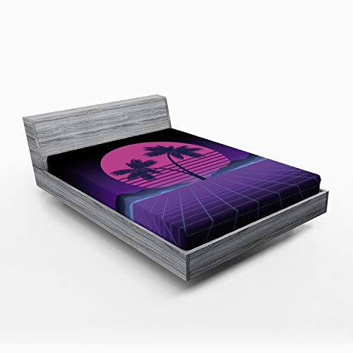 Ambesonne Synthwave Fitted Sheet, Retro Art Design Of Striped Pinkish Moon Exotic Palms And Mountains, Soft Decorative Fabric Bedding All-Round Elastic Pocket, Queen Size, Indigo Purple Pink #TOP21