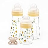 MAM Glass Baby Bottles & Soother Starter Set | 4 Pieces | 2X 260ml and 1x 170ml Feeding Bottles | 1x 0-2 Months Soother | Perfect Baby Accessories for Newborn