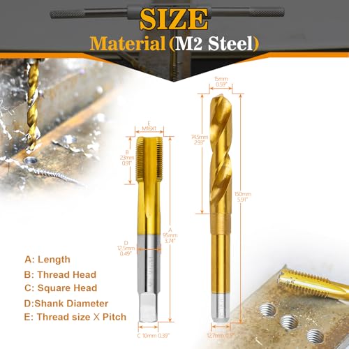 Image of M16x1.0 Tap and 15.0mm Drill Bit Kit, M2 HSS Metric Drill and Tap Set, Combination of Drill and Tap Kit for Metal