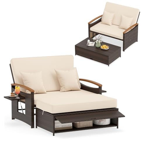 COSTWAY Sofa Exterior de Ratán con Reposapiés de Almacenamiento, 2 Plazas Tumbona Acolchado, Cama Respaldo Ajustable de 4 Niveles, Bandejas Laterales Retráctiles