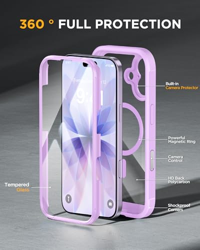 Image of Miracase for iPhone 17 Case 6.3'', Full-Body Military Grade Drop Protection Outdoor Phone case with Built-in Glass Screen &Camera Control,Easy Installation,No Gap,Compatible with MagSafe, Light Purple