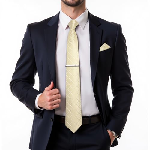 Image of DiBanGu Mens Silk Plaid Tie and Pocket Square Set | Elegant Silk Formal Tie Set, Woven Check Necktie and Cufflinks Tie Clip Set, Perfect for Wedding Party, Comes in Gift Box