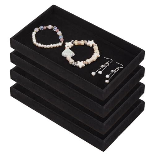 DICOSMETIC 4 vassoi per gioielli in velluto nero rettangolari vassoi per presentazione di gioielli, orecchini impilabili, anelli, collane, titolari, vassoio, organizzatore vuoto per gioielli, vetrina