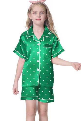 Image of Umeyda Women & Girls Pajamas Set, 2 Piece PJS Satin Silk Sleepwear Button-Down Top with Shorts for Mom Kids Gifts