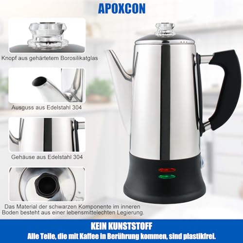 APOXCON Elektrischer Kaffee Perkolator für 12 Tassen – CE-zertifiziert, Klassischer Kaffeebehälter mit Hitzebeständigem Glasknopf & Schnellbrühsystem | Kabelloser Servierer