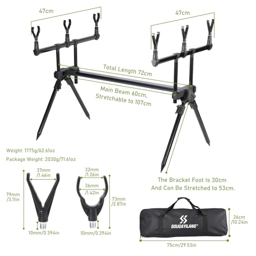 Sougayilang 3-Stab-Karpfenangeln Rod Pod – Höhen- und Längenverstellbar, mit Tragetasche sowie 6 Rod Rest Köpfen + 5m PVA-Mesh Nachfüllung – Geeignet für Karpfenuferangeln
