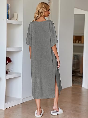 Image of Ekouaer Women's Nightgown Short Sleeve Sleepshirt Long Loungewear Casual Maxi Lounge Dress House Dresses with Pockets