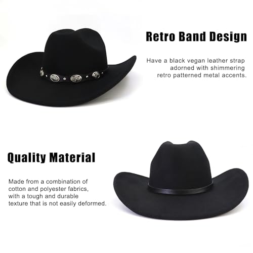 Image of Western Cowboy Hat for Men Women Wide Brim Felt Cowboy Cowgirl Hat with Buckle Belt Classic Fedora Hat