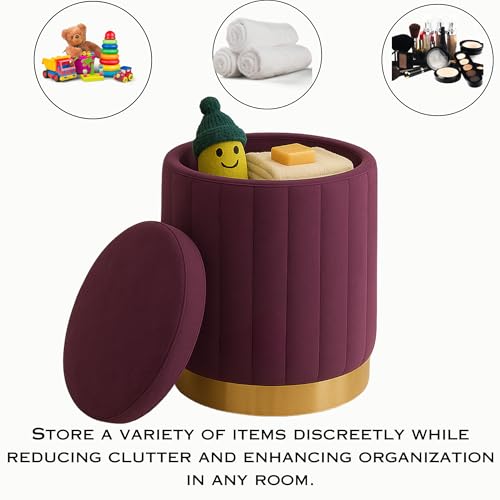 Image of Ottoman Sitting Stool with Storage, Round Dutch Velvet Cover Memory Foam Padded 32L Capacity Ottoman Bench Footrest, Pouffe, Office Stool, Makeup Chair, Vanity Chair for Living Room, Bedroom