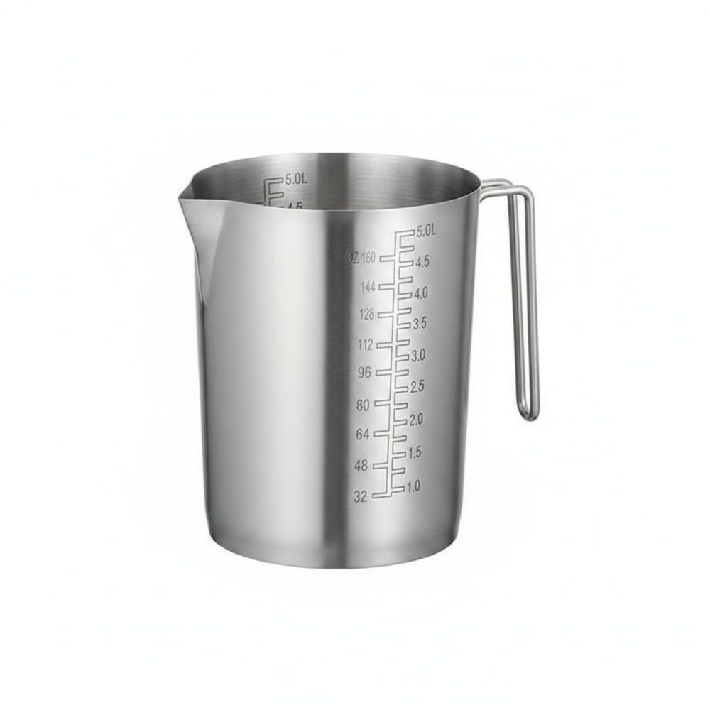 Dickwandiger Edelstahl-Messbecher mit Ausguss & Feinskala, Messkanne für Zuhause und Restaurant (5 Liter Messbecher Aus Extra Dickem 304 Edelstahl Ohne Deckel, Innen- Und Außenmarkierungen)