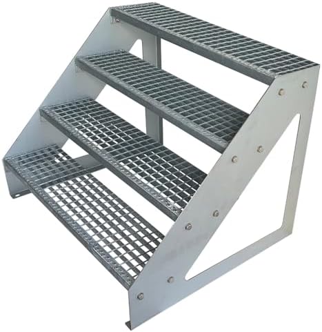 Premium Steel Staircase Freestanding Galvanised 4 Steps (Width 60 cm) Height 76 cm Weatherproof Grating Step Garden Stairs (1000 mm)