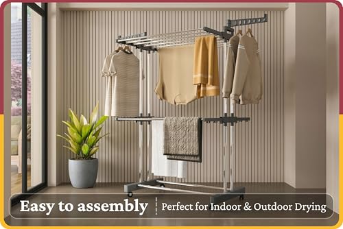 Image of Amiraj Premium Stainless Steel Clothes Drying Stand | 2 Tier 2 Pole Foldable Laundry Rack with Wheels & Sock Holder | Heavy Duty Indoor & Outdoor Cloth Dryer for Balcony, Terrace & Home - Gray