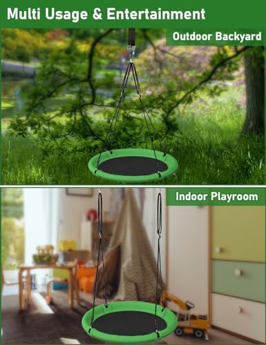 Image of 24 Inch Saucer Tree Swing Set for Kids & Adults, Adjustable Flying Swing Seat for Backyard or Outdoor Playground, Green & Black